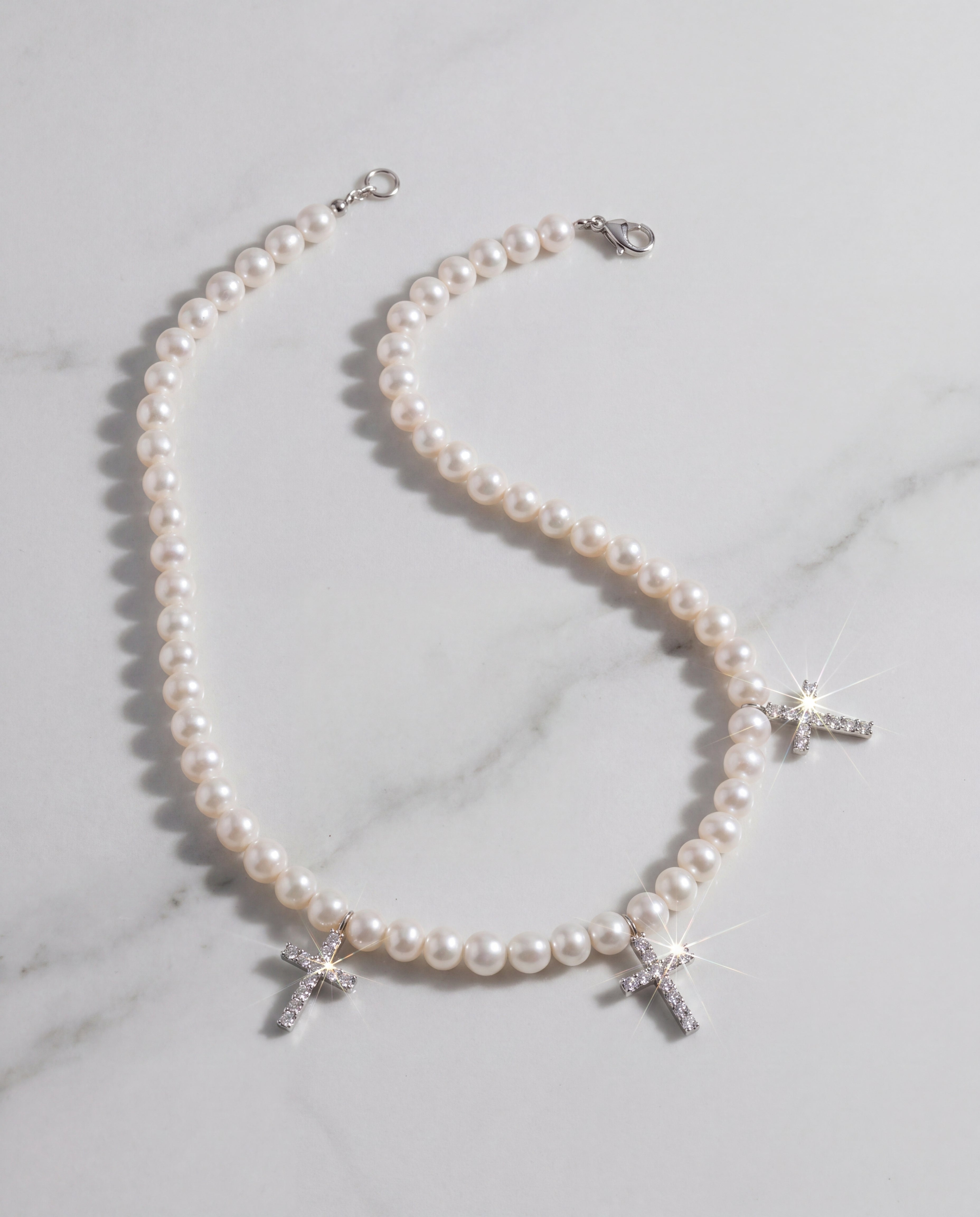 PEARL CHAIN w/ DIAMOND CROSSES