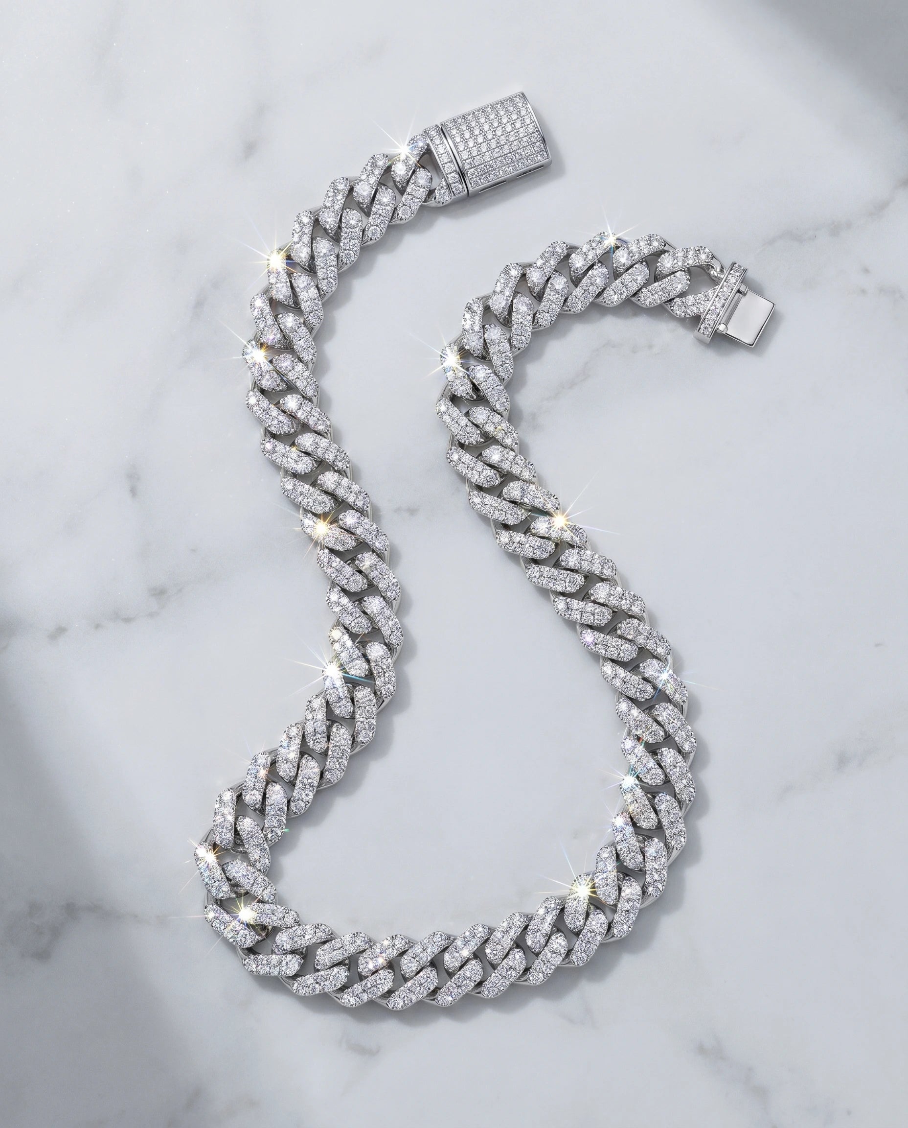 14MM CUBAN PRONG CHAIN - WHITE GOLD