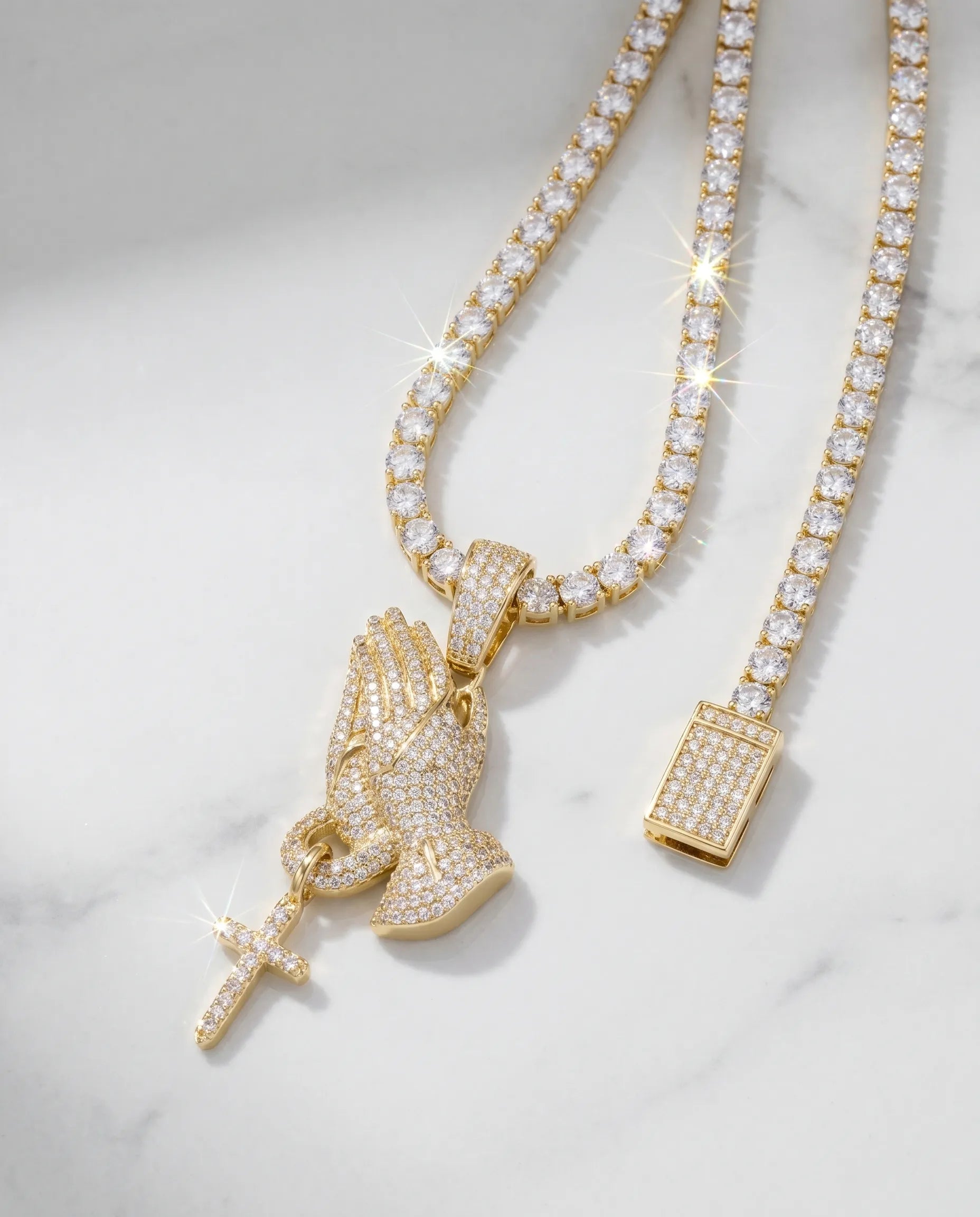 ICED PRAYING HAND PENDANT - 18K GOLD