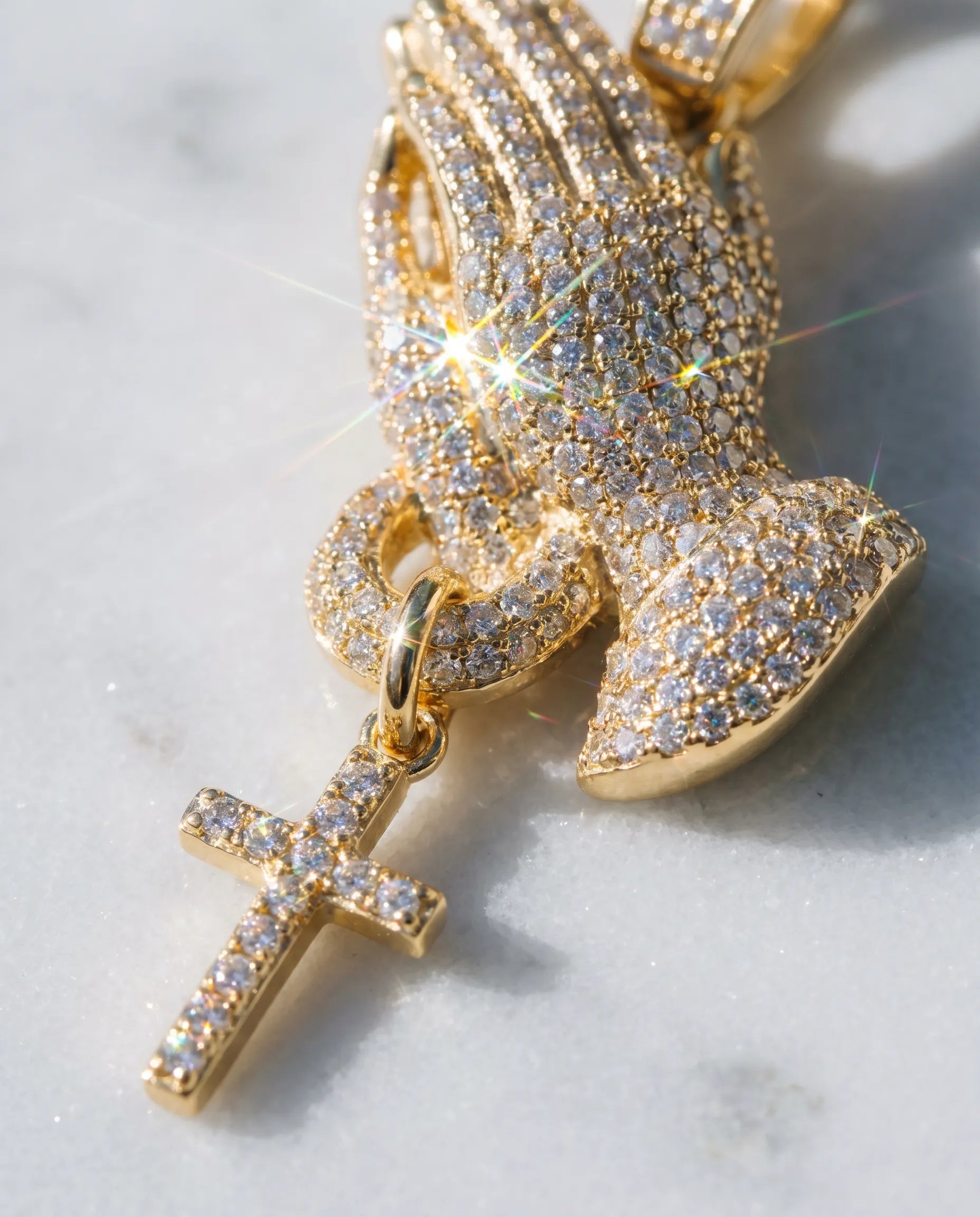 ICED PRAYING HAND PENDANT - 18K GOLD