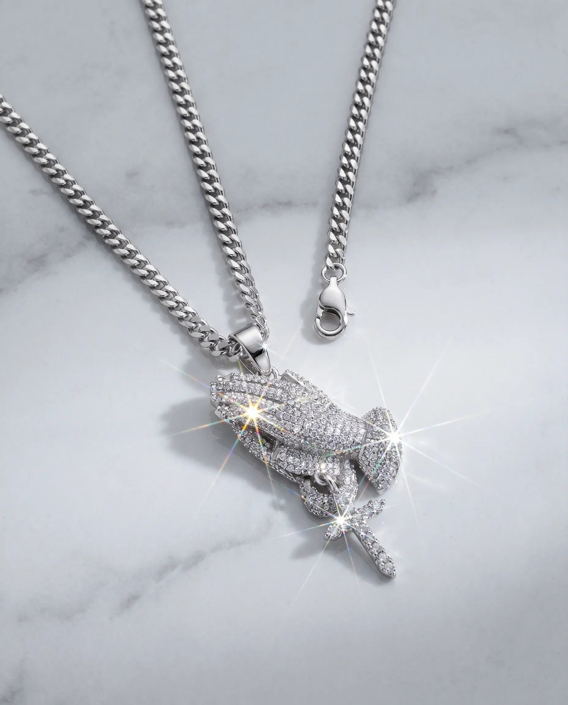 ICED PRAYING HAND PENDANT - WHITE GOLD