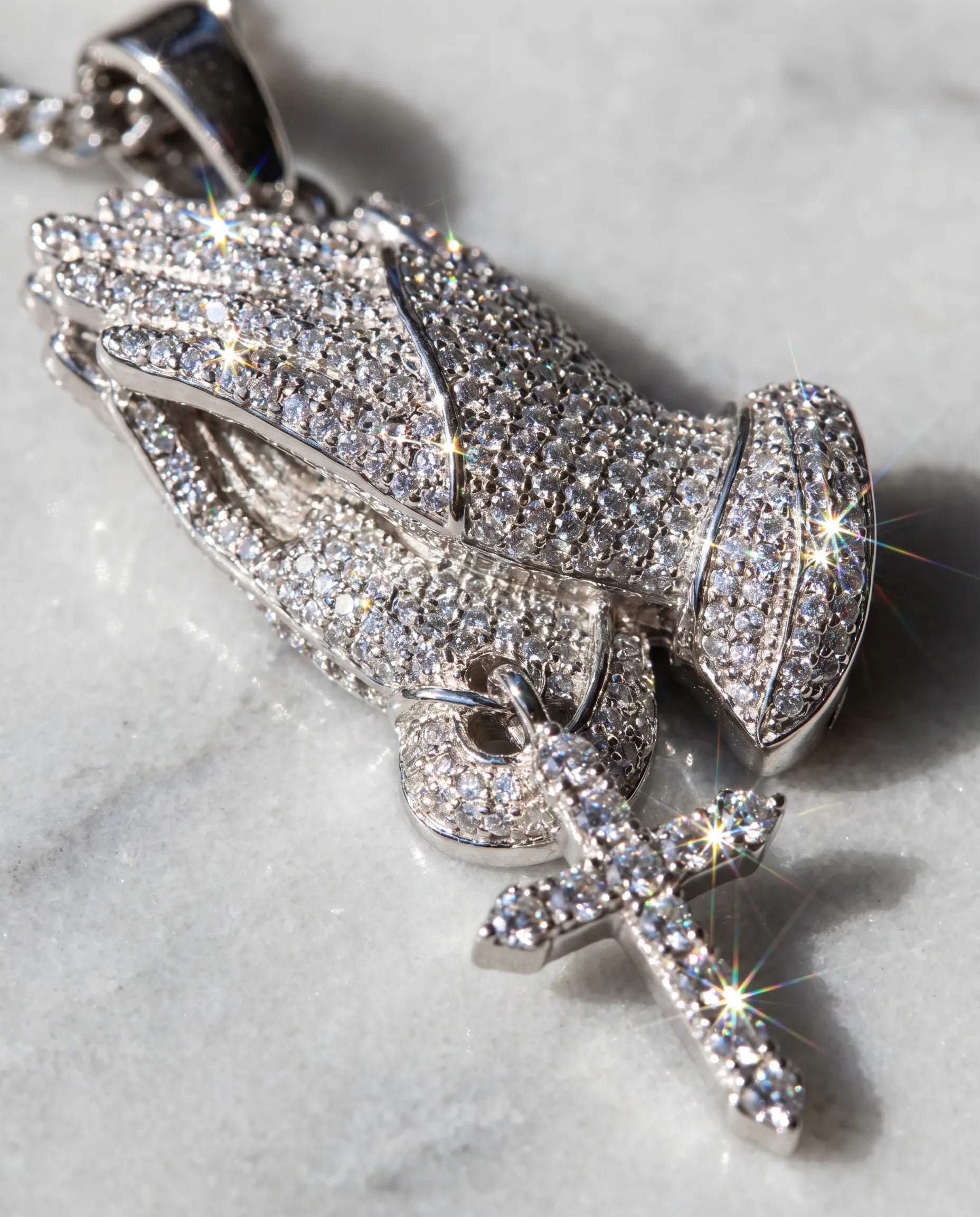 ICED PRAYING HAND PENDANT - WHITE GOLD