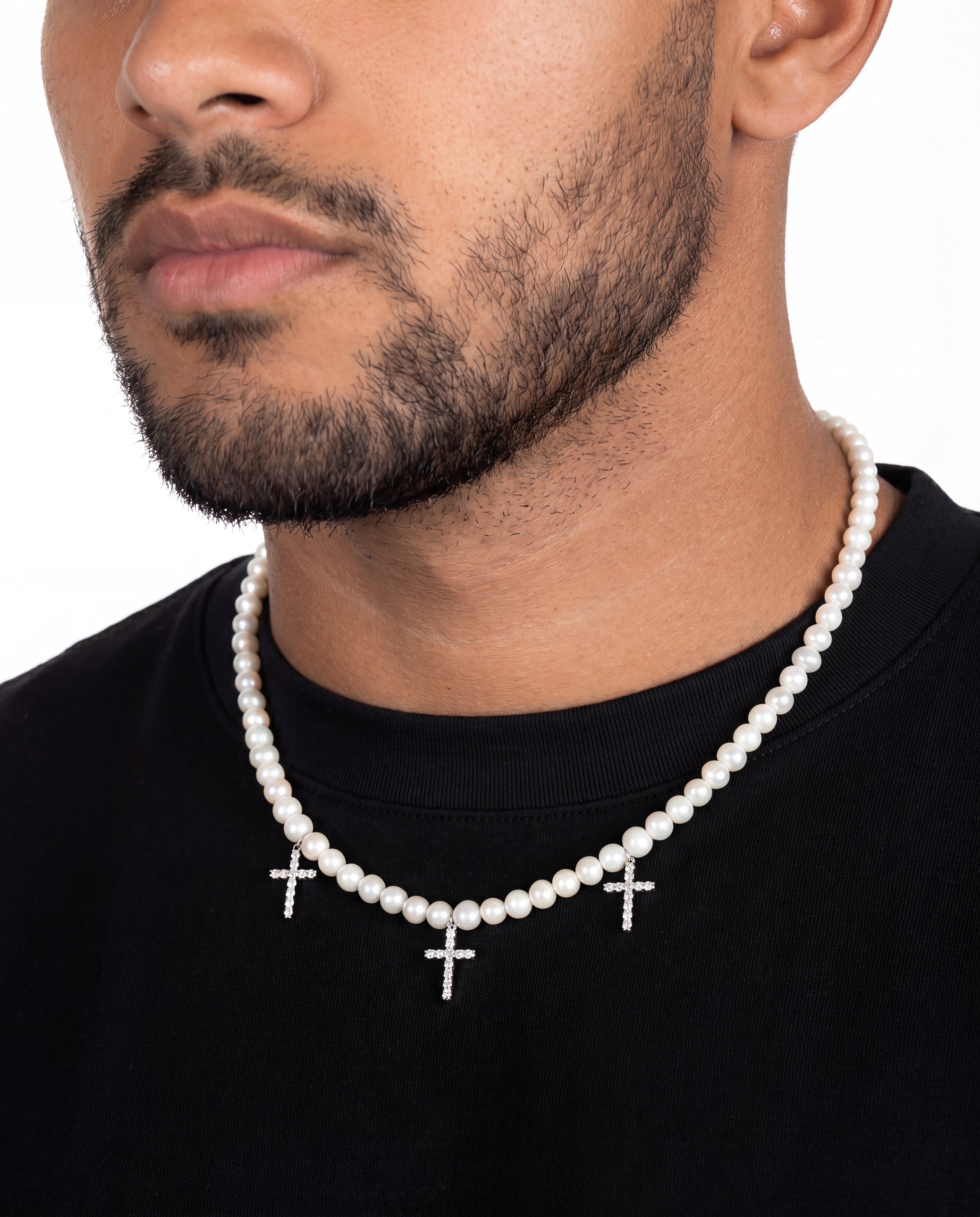 PEARL CHAIN w/ DIAMOND CROSSES